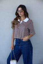 ⁦חולצה פסים קרופ צווארון פולו לבן⁩ – תמונה ⁦4⁩