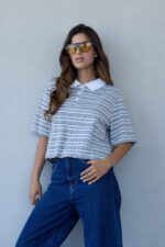⁦חולצה פסים קרופ צווארון פולו לבן⁩ – תמונה ⁦5⁩