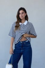 ⁦חולצה פסים קרופ צווארון פולו לבן⁩ – תמונה ⁦8⁩