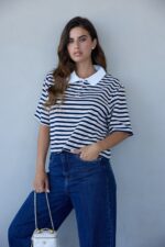 ⁦חולצה פסים קרופ צווארון פולו לבן⁩ – תמונה ⁦10⁩