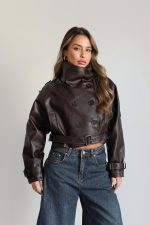 ⁦מעיל עור חצי שילוב כפתורים⁩ – תמונה ⁦4⁩