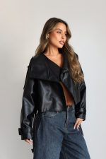 ⁦מעיל עור חצי שילוב כפתורים⁩ – תמונה ⁦8⁩